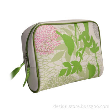 PU cosmetic bag with flower printing design, satin puller/customized designs and logos are accepted